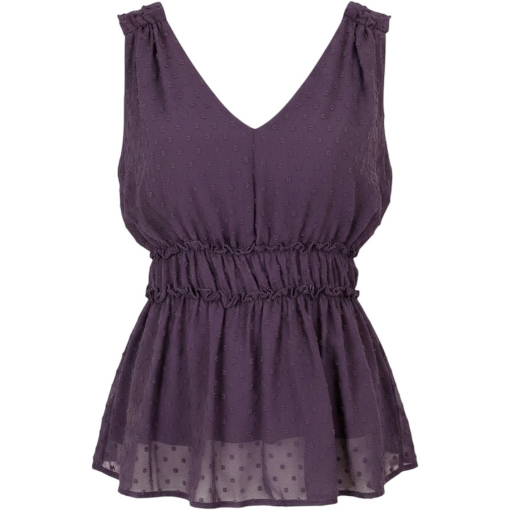 Alya Francescas Purple Clip Dot Smocked Waist Peplum V-Neck Sleeveless Top Small